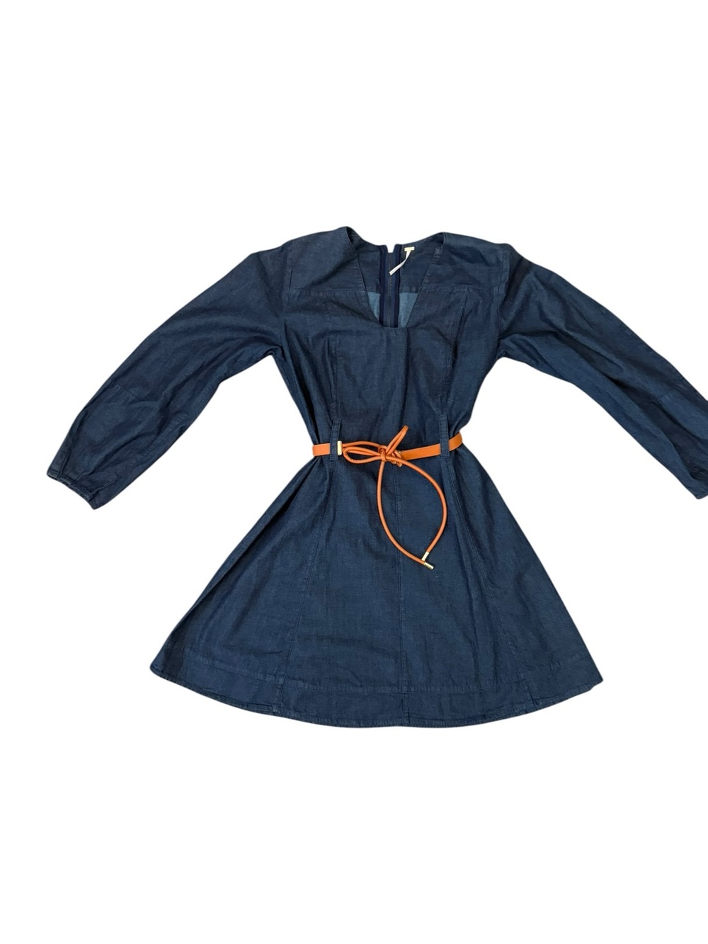 Free People Blue Long-Sleeve Mini Dress with Brown Waist Tie - Picture 12 of 14
